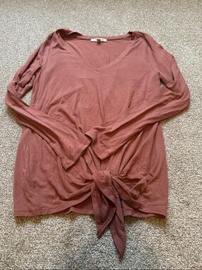 Women's V-Neck Tie-Front Long Sleeve Top - Dusty Rose